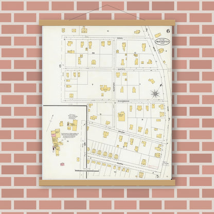 Old map wall art mockup — magnetic wood frame on brick wall — Sanborn Fire Insurance Map from Winchester, Middlesex County, Massachusetts (1904), Sheet #0006