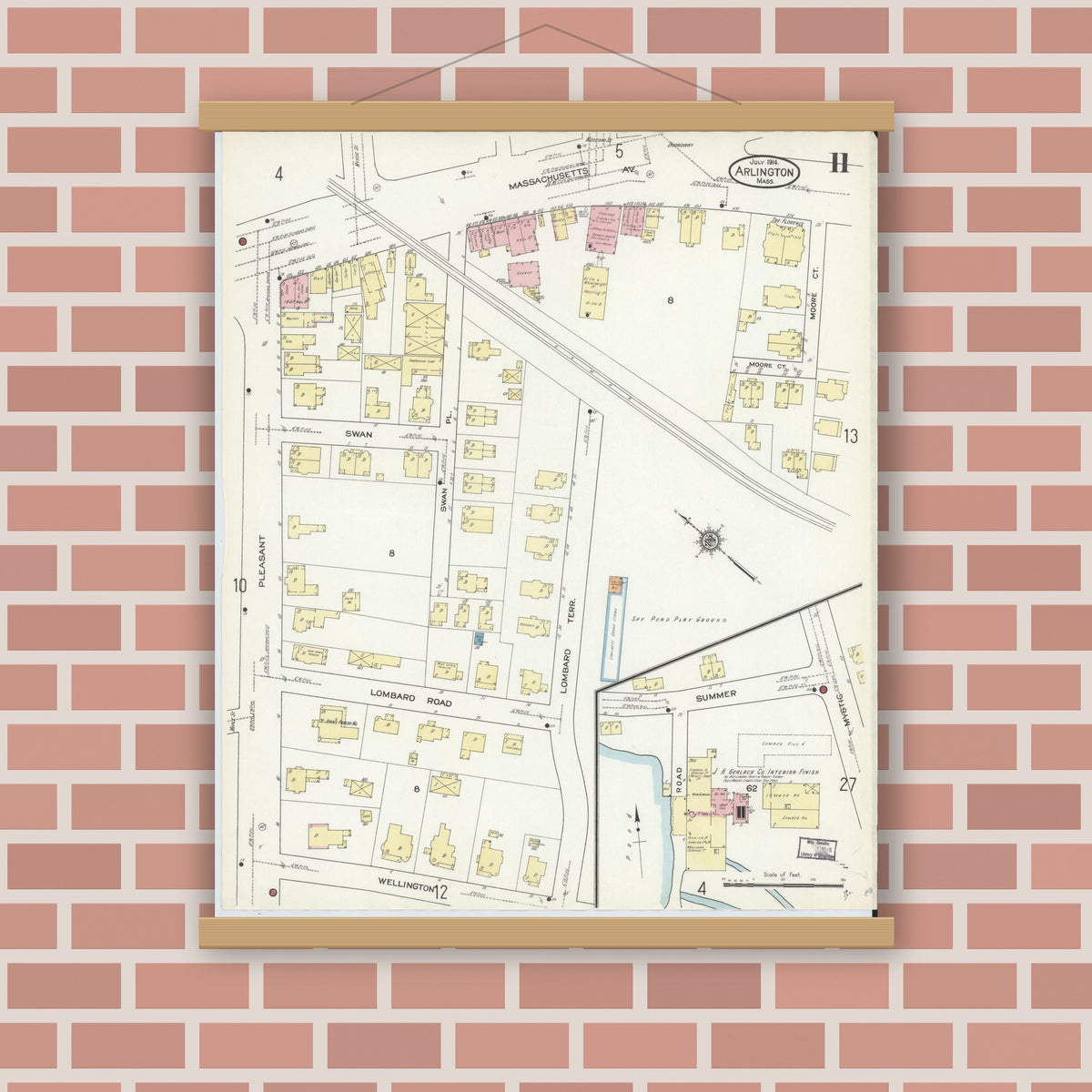 Old map wall art mockup — magnetic wood frame on brick wall — Sanborn Fire Insurance Map from Arlington, Middlesex County, Massachusetts (1914), Sheet #0011