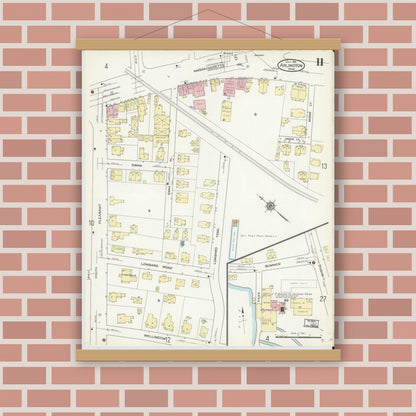 Old map wall art mockup — magnetic wood frame on brick wall — Sanborn Fire Insurance Map from Arlington, Middlesex County, Massachusetts (1914), Sheet #0011