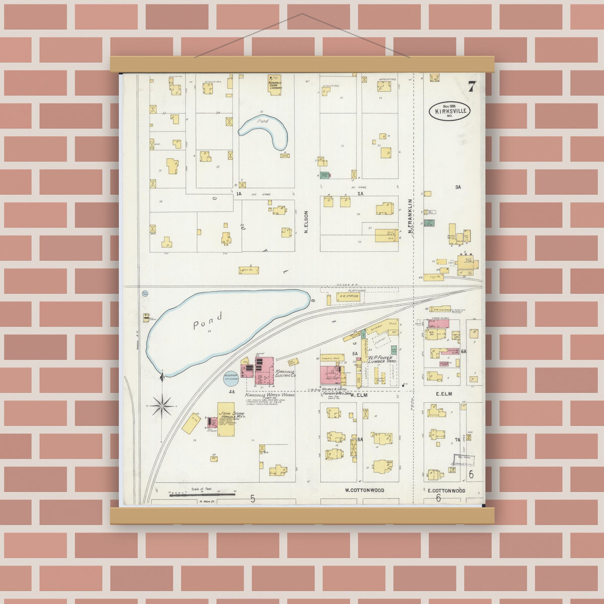 Old map wall art mockup — magnetic wood frame on brick wall — Sanborn Fire Insurance Map from Kirksville, Adair County, Missouri (1898), Sheet #0007