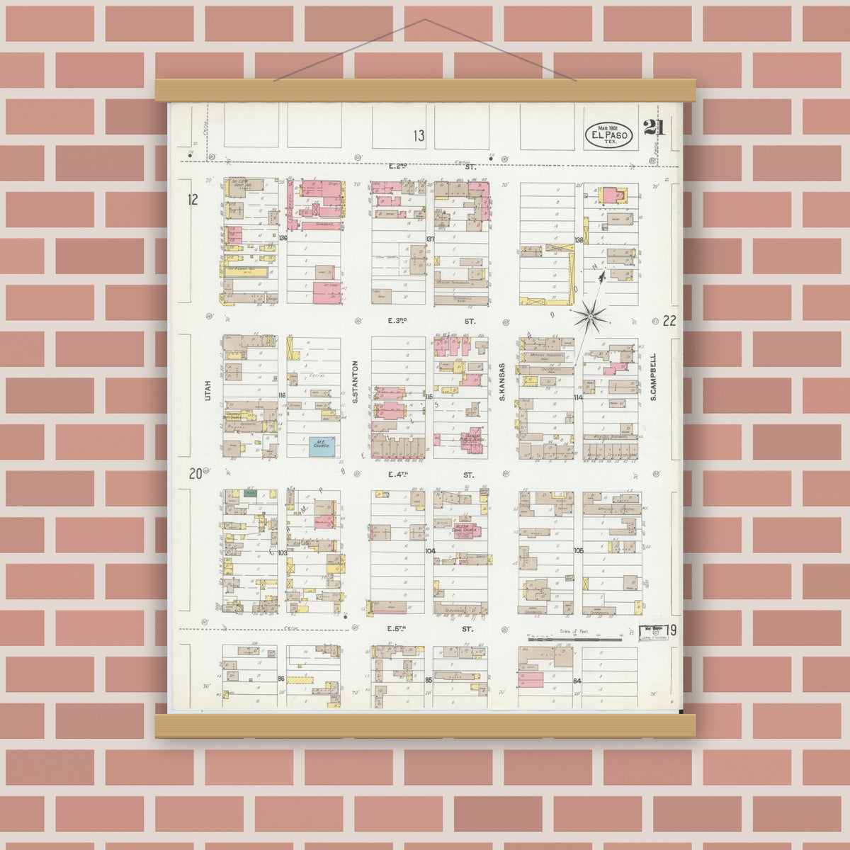 Old map wall art mockup — magnetic wood frame on brick wall — Sanborn Fire Insurance Map from El Paso, El Paso County, Texas (1902), Sheet #0021