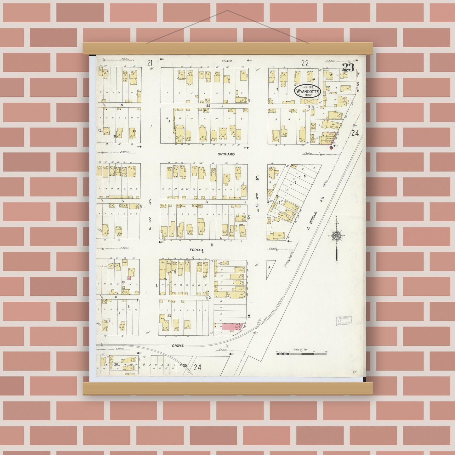 Old map wall art mockup — magnetic wood frame on brick wall — Sanborn Fire Insurance Map from Wyandotte, Wayne County, Michigan (1912), Sheet #0023