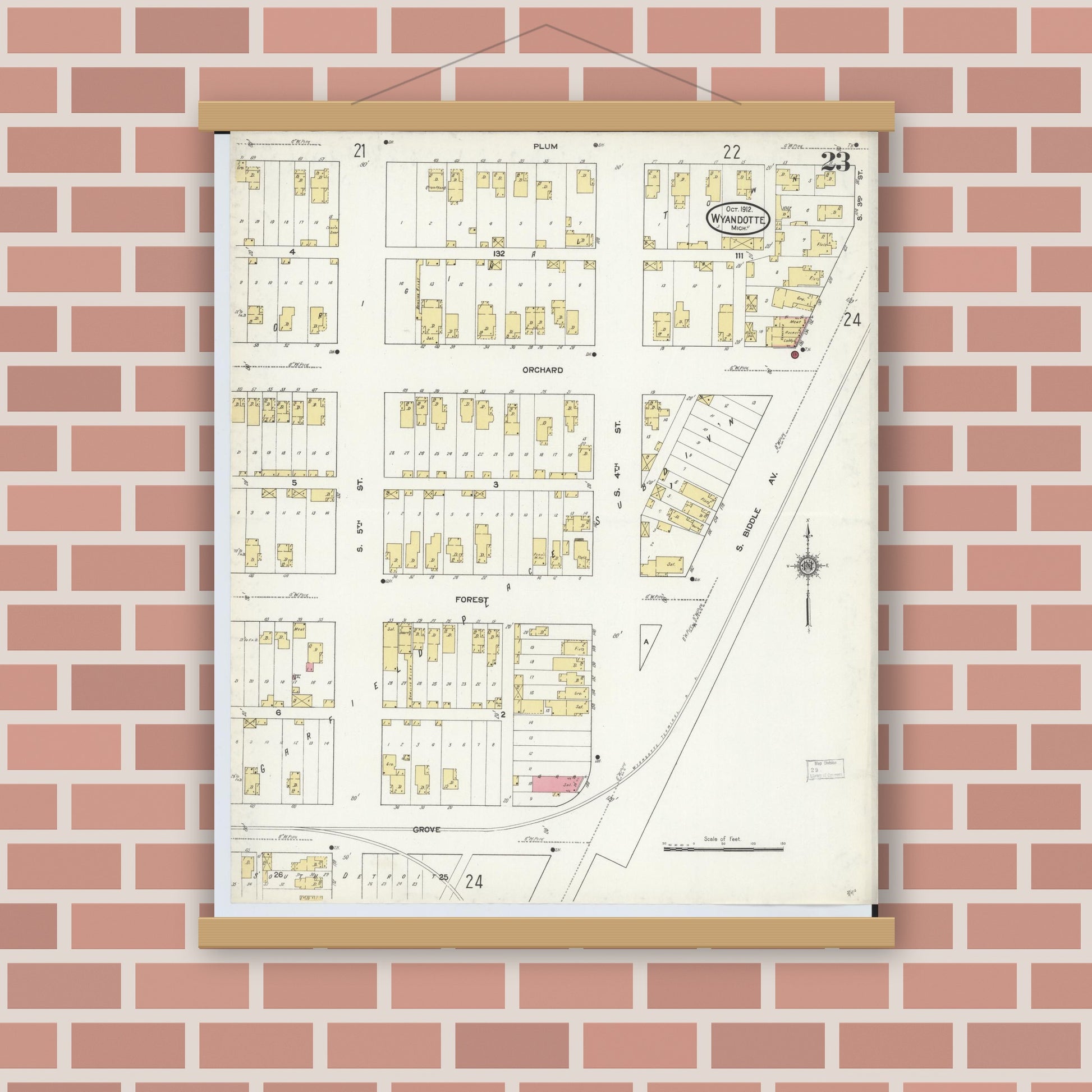 Old map wall art mockup — magnetic wood frame on brick wall — Sanborn Fire Insurance Map from Wyandotte, Wayne County, Michigan (1912), Sheet #0023