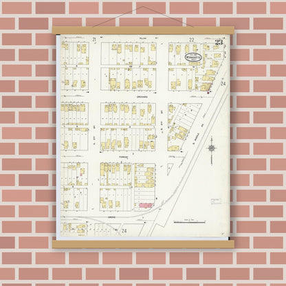 Old map wall art mockup — magnetic wood frame on brick wall — Sanborn Fire Insurance Map from Wyandotte, Wayne County, Michigan (1912), Sheet #0023
