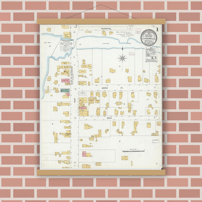 Old map wall art mockup — magnetic wood frame on brick wall — Sanborn Fire Insurance Map from Lyndonville, Orleans County, New York (1906) - Complete Map Set