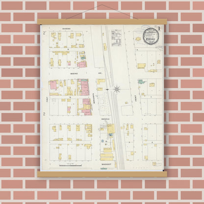 Old map wall art mockup — magnetic wood frame on brick wall — Sanborn Fire Insurance Map from Minooka, Grundy County, Illinois (1898), Sheet #0001