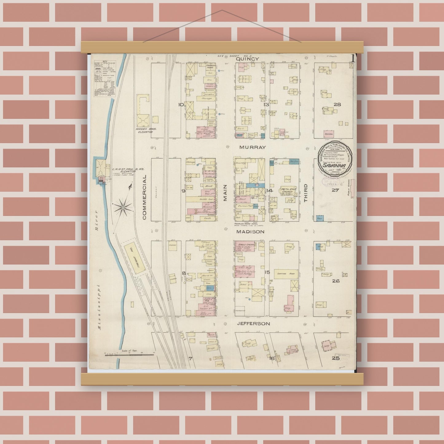 Old map wall art mockup — magnetic wood frame on brick wall — Sanborn Fire Insurance Map from Savanna, Carroll County, Illinois (1885) - Complete Map Set