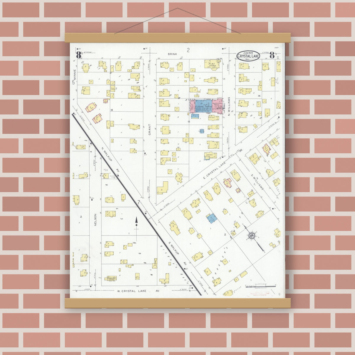 Old map wall art mockup — magnetic wood frame on brick wall — Sanborn Fire Insurance Map from Crystal Lake, McHenry County, Illinois (1929), Sheet #0008