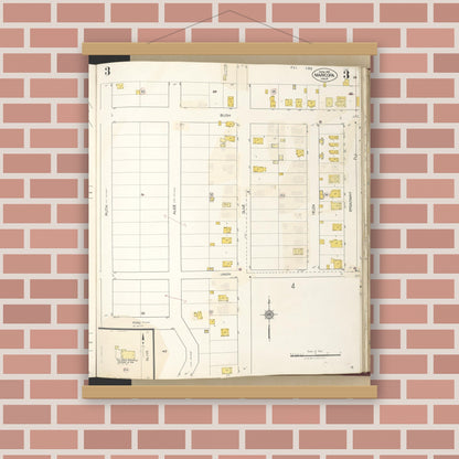 Old map wall art mockup — magnetic wood frame on brick wall — Sanborn Fire Insurance Map from Maricopa, Kern County, California (1942), Sheet #0003