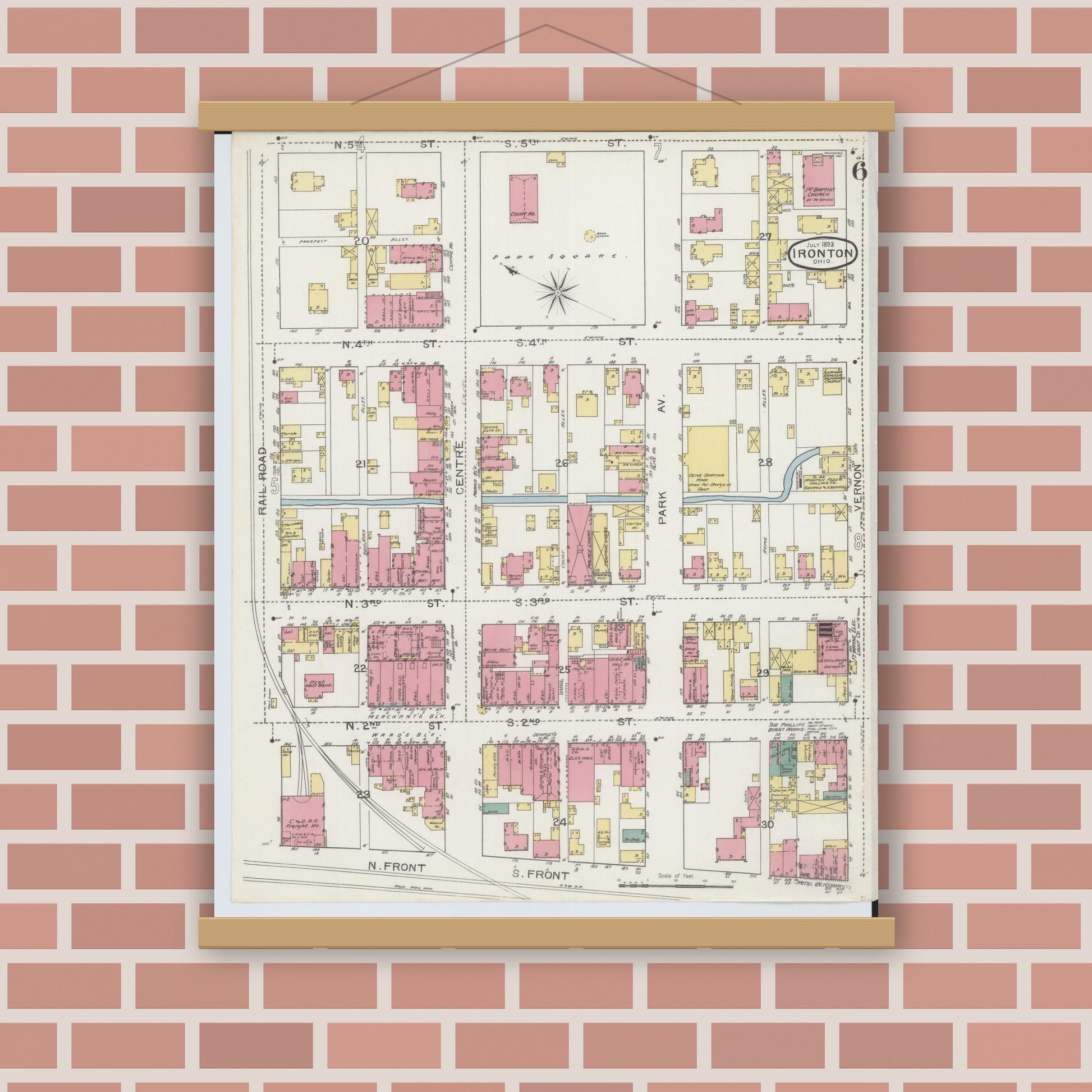 Old map wall art mockup — magnetic wood frame on brick wall — Sanborn Fire Insurance Map from Ironton, Lawrence County, Ohio (1893), Sheet #0006