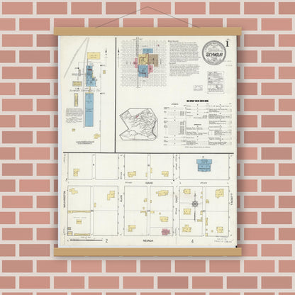 Old map wall art mockup — magnetic wood frame on brick wall — Sanborn Fire Insurance Map from Seymour, Baylor County, Texas (1916) - Complete Map Set
