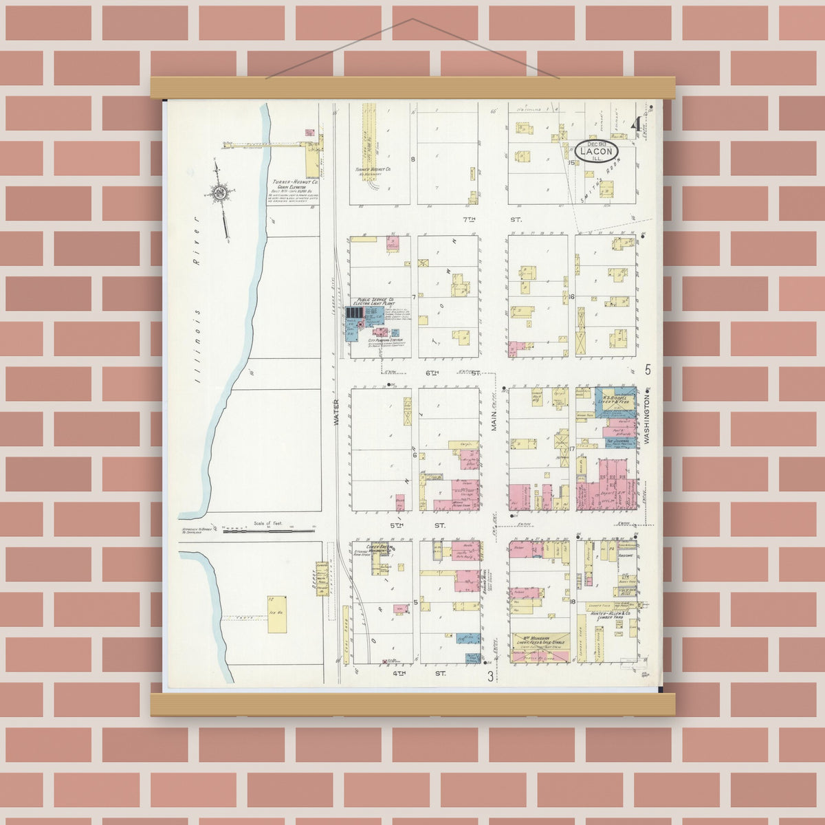 Old map wall art mockup — magnetic wood frame on brick wall — Sanborn Fire Insurance Map from Lacon, Marshall County, Illinois (1913), Sheet #0004