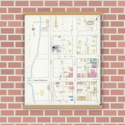 Old map wall art mockup — magnetic wood frame on brick wall — Sanborn Fire Insurance Map from Lacon, Marshall County, Illinois (1913), Sheet #0004