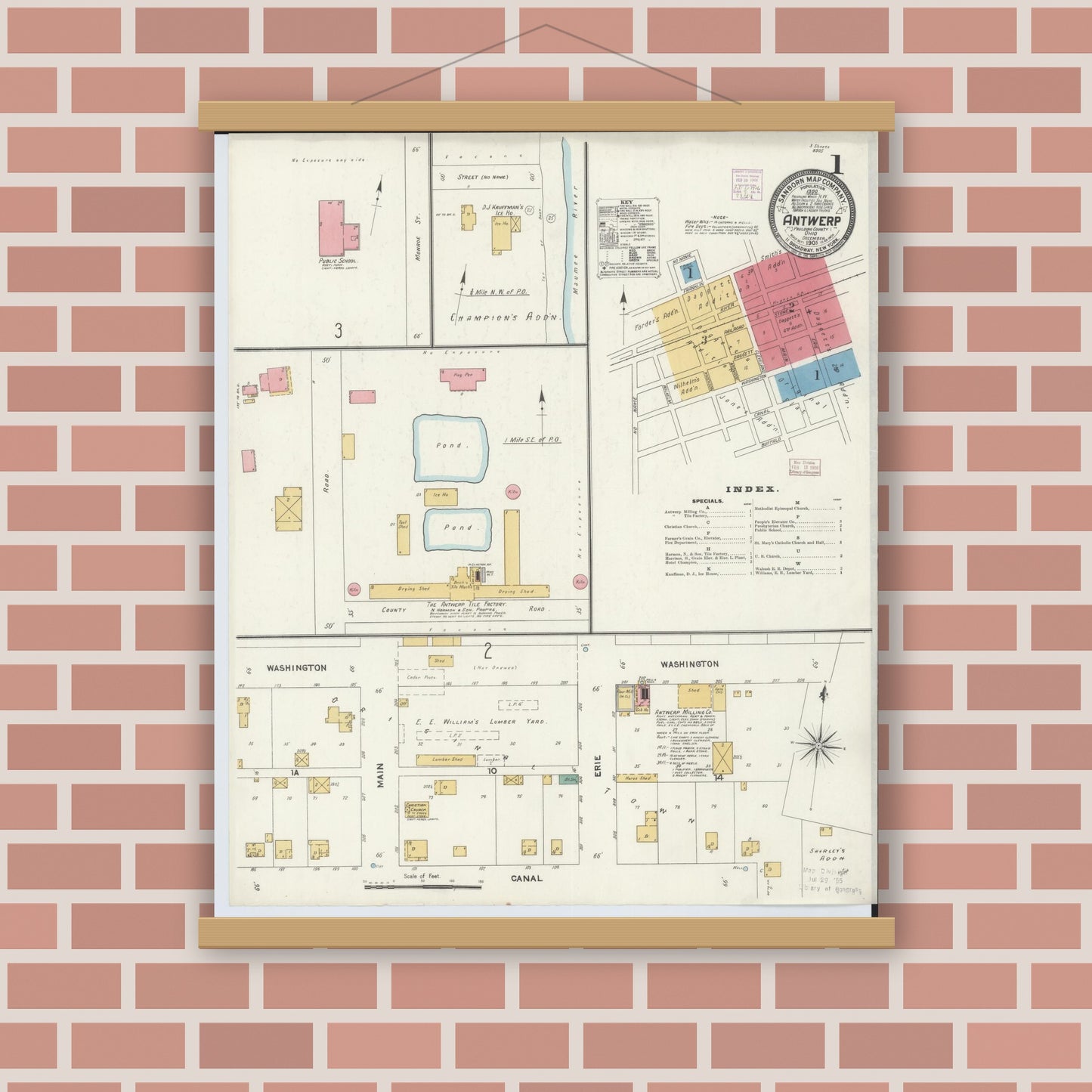 Old map wall art mockup — magnetic wood frame on brick wall — Sanborn Fire Insurance Map from Antwerp, Paulding County, Ohio (1905) - Complete Map Set