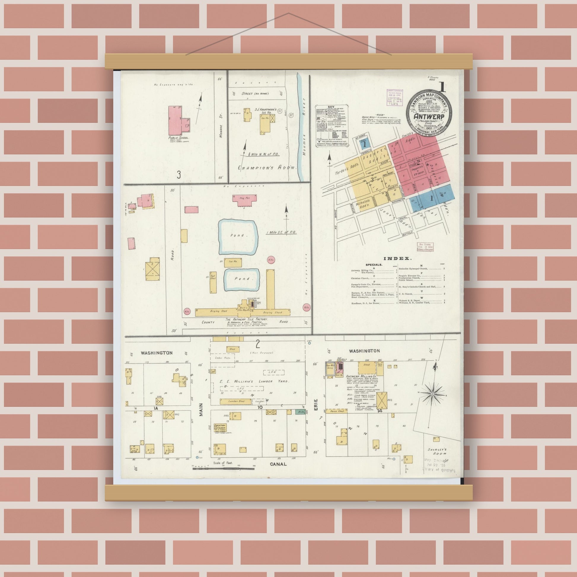 Old map wall art mockup — magnetic wood frame on brick wall — Sanborn Fire Insurance Map from Antwerp, Paulding County, Ohio (1905) - Complete Map Set