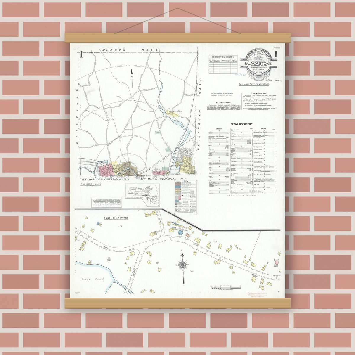 Old map wall art mockup — magnetic wood frame on brick wall — Sanborn Fire Insurance Map from Blackstone, Worcester County, Massachusetts (1940), Sheet #0001