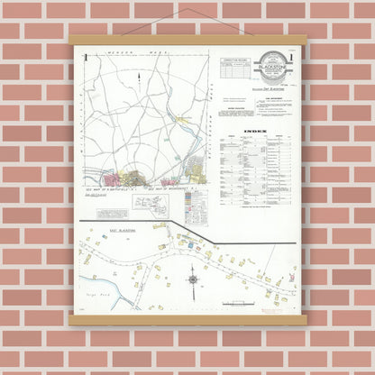 Old map wall art mockup — magnetic wood frame on brick wall — Sanborn Fire Insurance Map from Blackstone, Worcester County, Massachusetts (1940), Sheet #0001