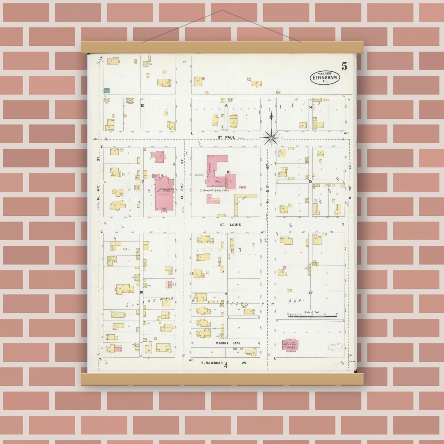 Old map wall art mockup — magnetic wood frame on brick wall — Sanborn Fire Insurance Map from Effingham, Effingham County, Illinois (1906), Sheet #0005