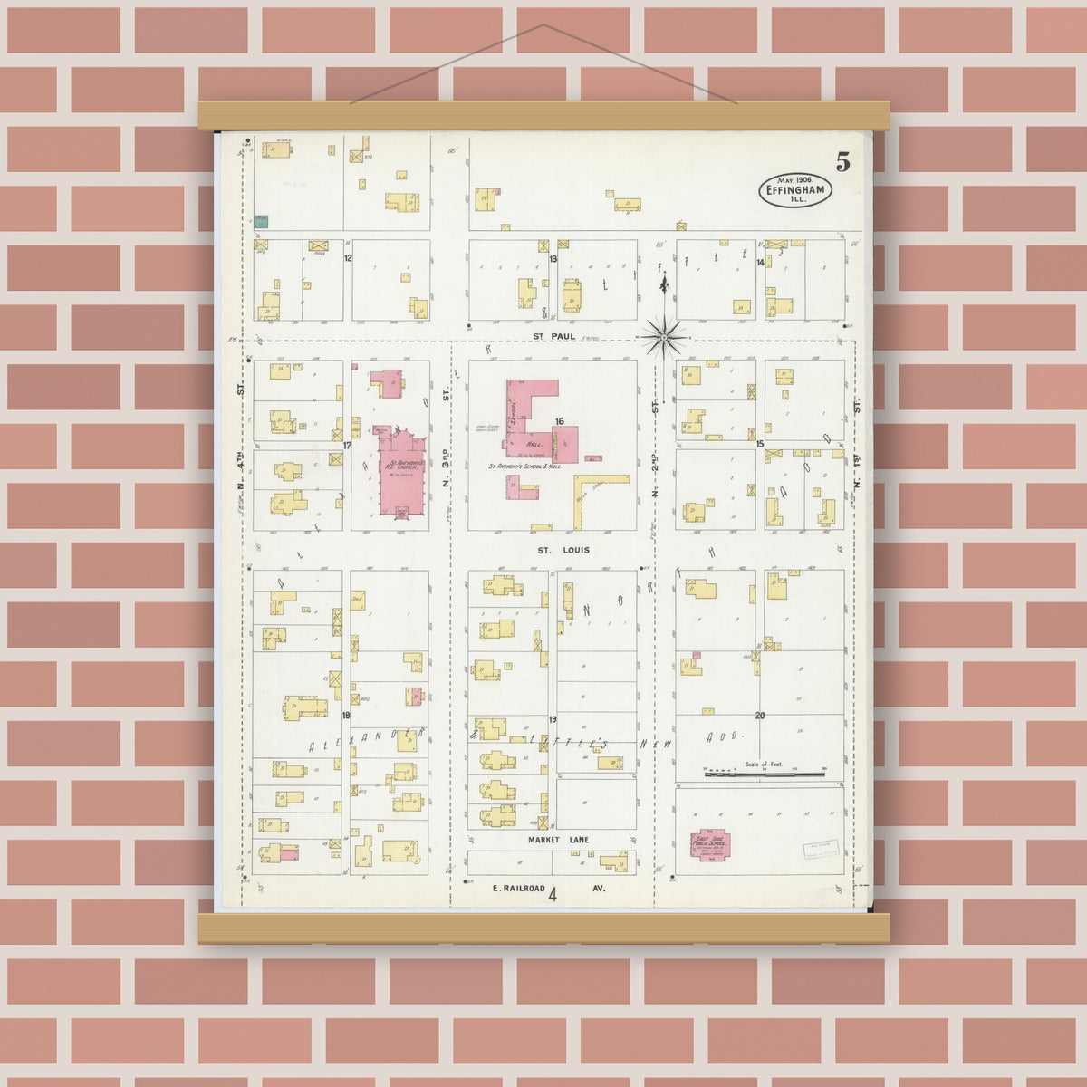 Old map wall art mockup — magnetic wood frame on brick wall — Sanborn Fire Insurance Map from Effingham, Effingham County, Illinois (1906), Sheet #0005