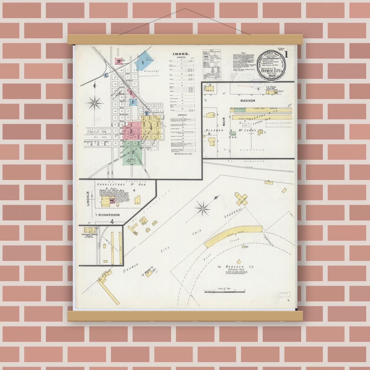 Old map wall art mockup — magnetic wood frame on brick wall — Sanborn Fire Insurance Map from Farmer City, De Witt County, Illinois (1898) - Complete Map Set