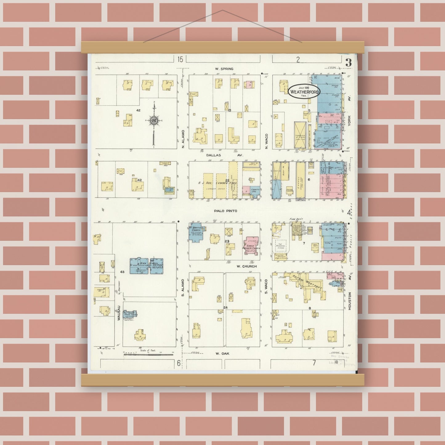 Old map wall art mockup — magnetic wood frame on brick wall — Sanborn Fire Insurance Map from Weatherford, Parker County, Texas (1910), Sheet #0003