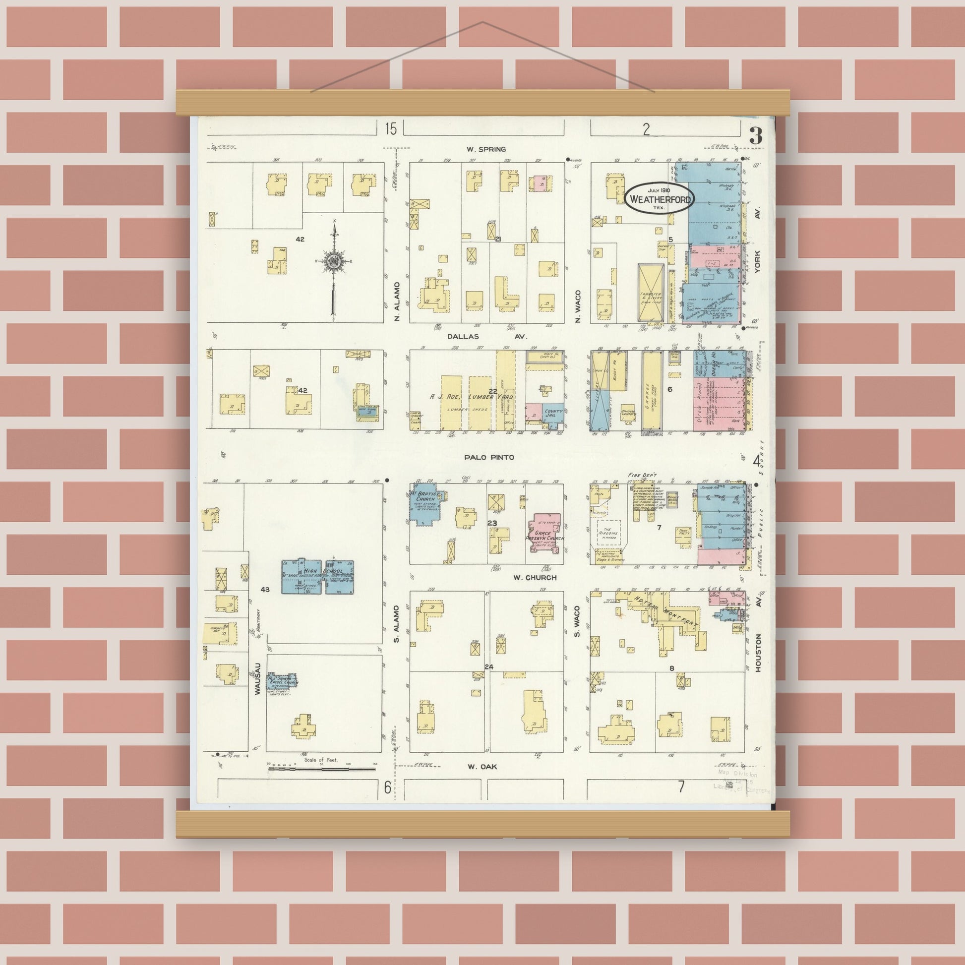 Old map wall art mockup — magnetic wood frame on brick wall — Sanborn Fire Insurance Map from Weatherford, Parker County, Texas (1910), Sheet #0003