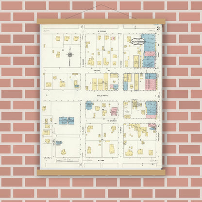 Old map wall art mockup — magnetic wood frame on brick wall — Sanborn Fire Insurance Map from Weatherford, Parker County, Texas (1910), Sheet #0003