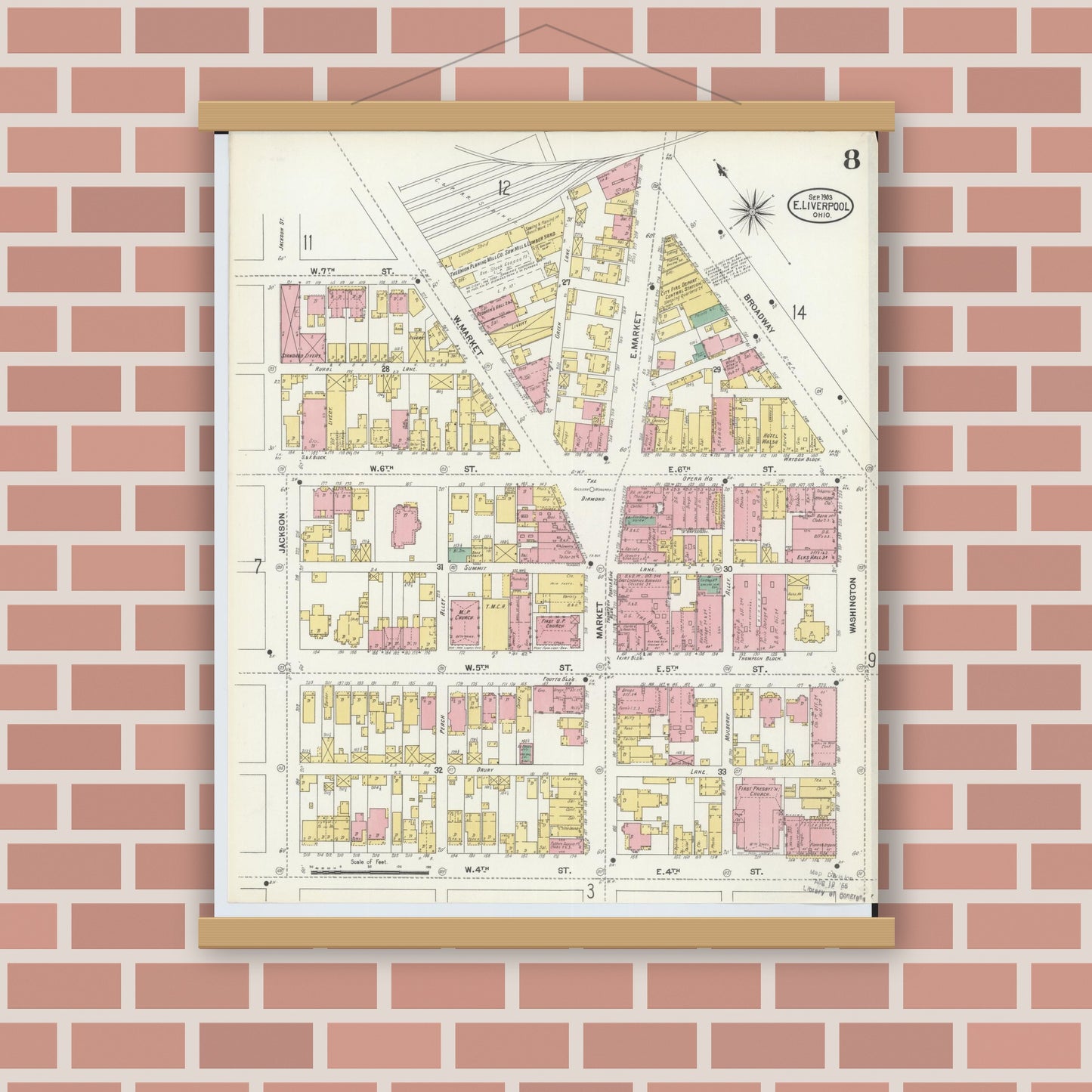 Old map wall art mockup — magnetic wood frame on brick wall — Sanborn Fire Insurance Map from East Liverpool, Columbiana County, Ohio (1903), Sheet #0008