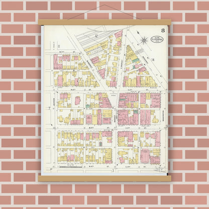 Old map wall art mockup — magnetic wood frame on brick wall — Sanborn Fire Insurance Map from East Liverpool, Columbiana County, Ohio (1903), Sheet #0008