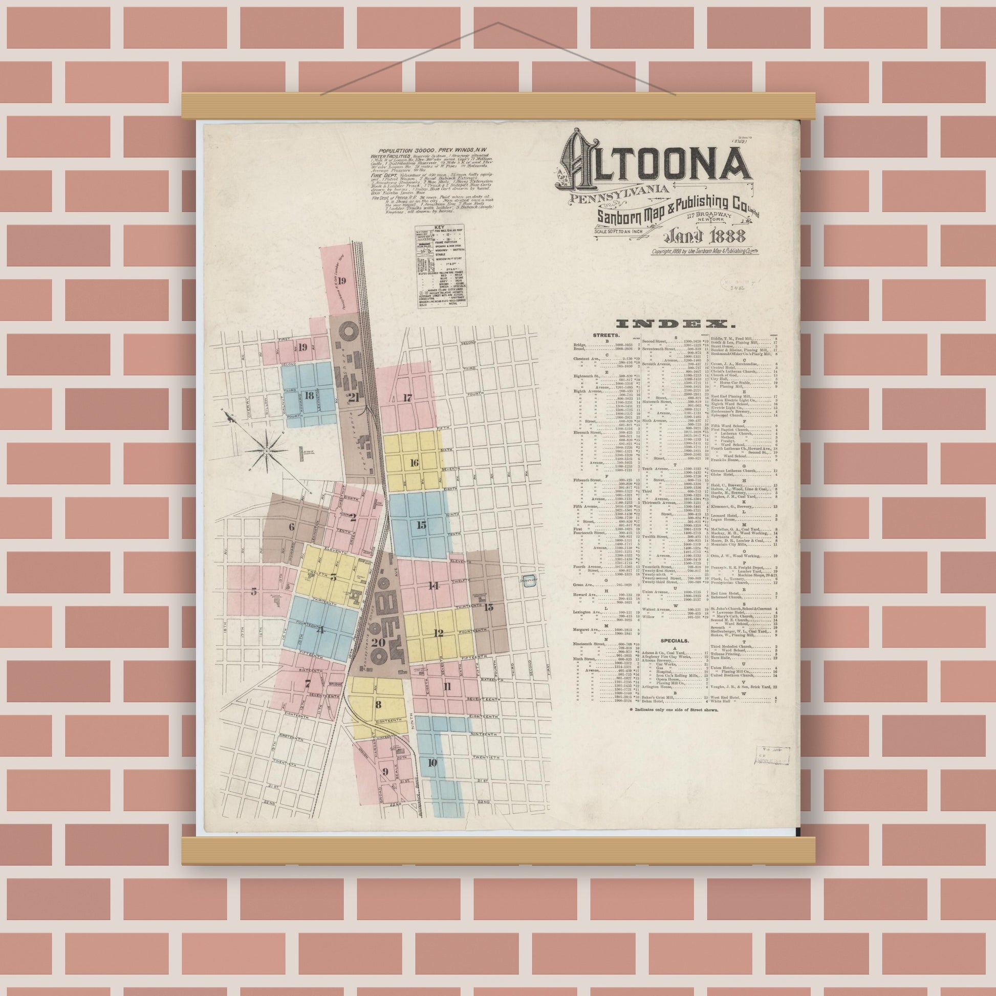 Old map wall art mockup — magnetic wood frame on brick wall — Sanborn Fire Insurance Map from Altoona, Blair County, Pennsylvania (1888), Sheet #0001