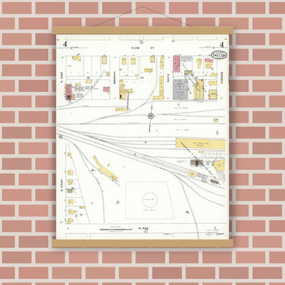 Old map wall art mockup — magnetic wood frame on brick wall — Sanborn Fire Insurance Map from Taylor, Williamson County, Texas (1923), Sheet #0004