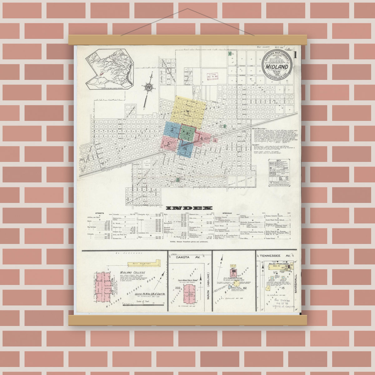 Old map wall art mockup — magnetic wood frame on brick wall — Sanborn Fire Insurance Map from Midland, Midland County, Texas (1914), Sheet #0001