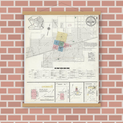 Old map wall art mockup — magnetic wood frame on brick wall — Sanborn Fire Insurance Map from Midland, Midland County, Texas (1914), Sheet #0001