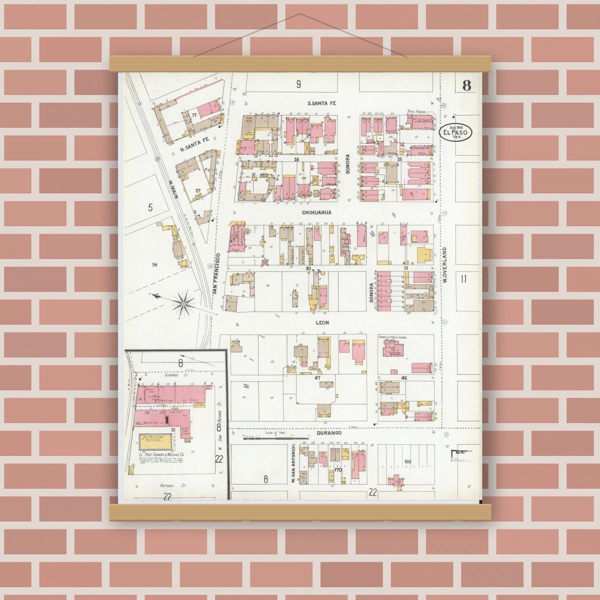 Old map wall art mockup — magnetic wood frame on brick wall — Sanborn Fire Insurance Map from El Paso, El Paso County, Texas (1900), Sheet #0008