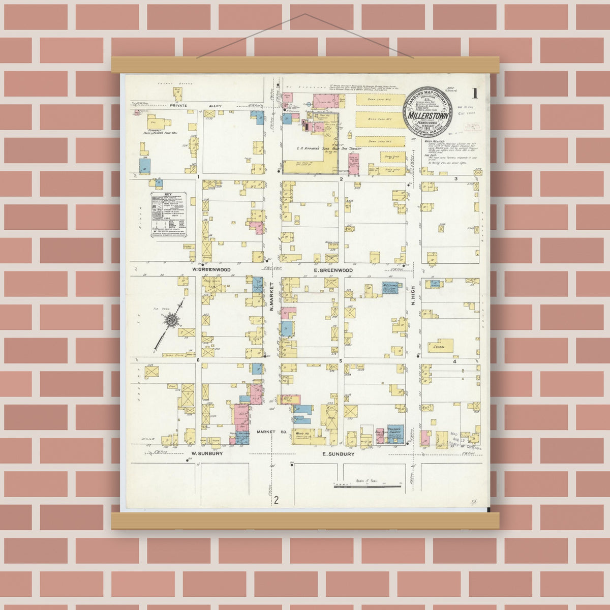 Old map wall art mockup — magnetic wood frame on brick wall — Sanborn Fire Insurance Map from Millerstown, Perry County, Pennsylvania (1911), Sheet #0001