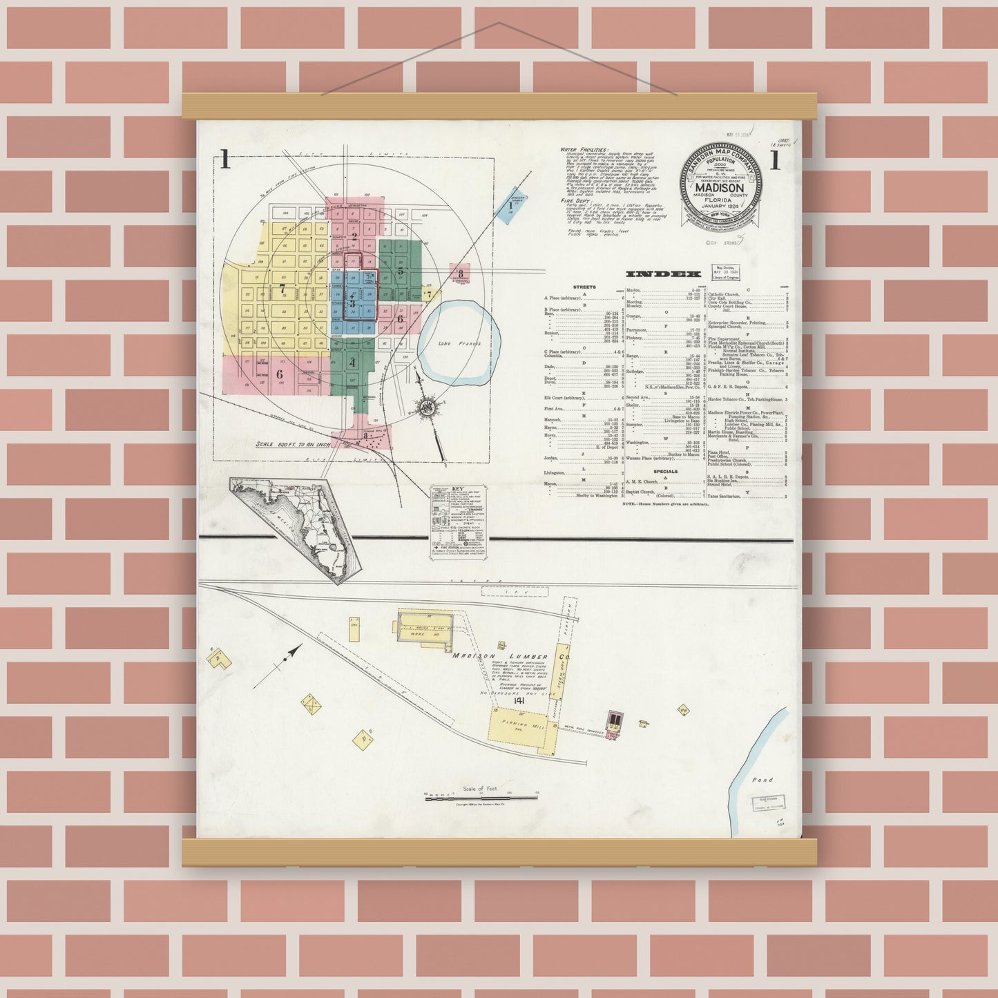Old map wall art mockup — magnetic wood frame on brick wall — Sanborn Fire Insurance Map from Madison, Madison County, Florida (1924), Sheet #0001