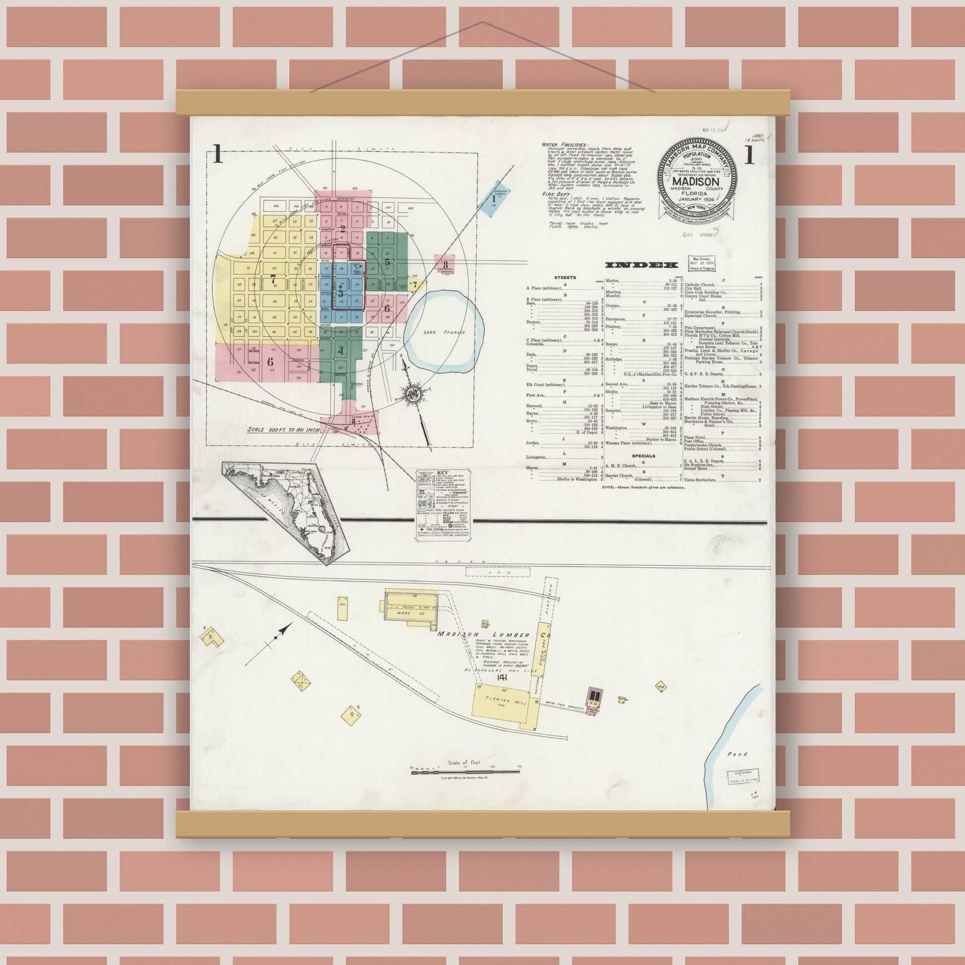 Old map wall art mockup — magnetic wood frame on brick wall — Sanborn Fire Insurance Map from Madison, Madison County, Florida (1924), Sheet #0001