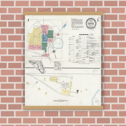 Old map wall art mockup — magnetic wood frame on brick wall — Sanborn Fire Insurance Map from Madison, Madison County, Florida (1924), Sheet #0001