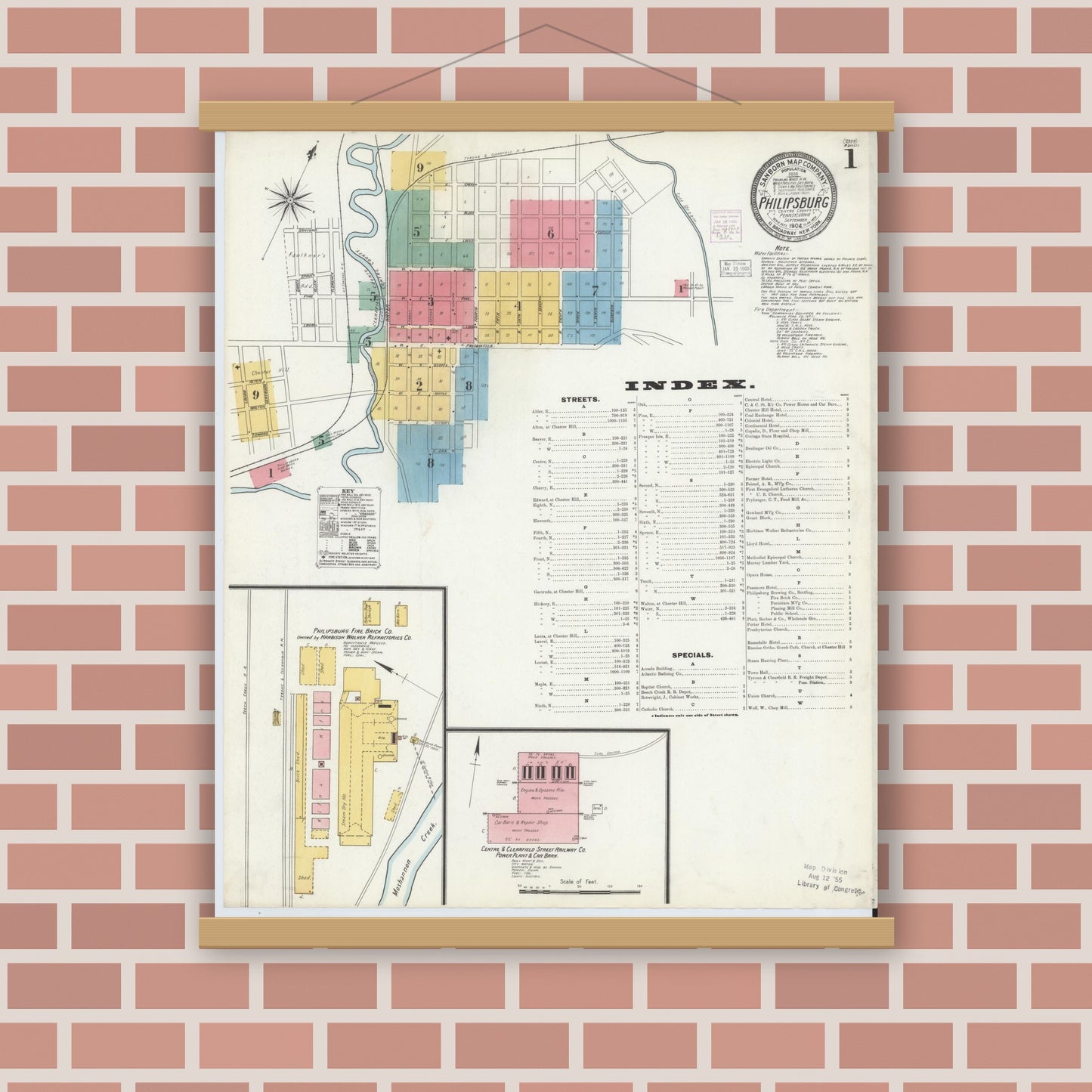 Old map wall art mockup — magnetic wood frame on brick wall — Sanborn Fire Insurance Map from Philipsburg, Centre County, Pennsylvania (1904), Sheet #0001