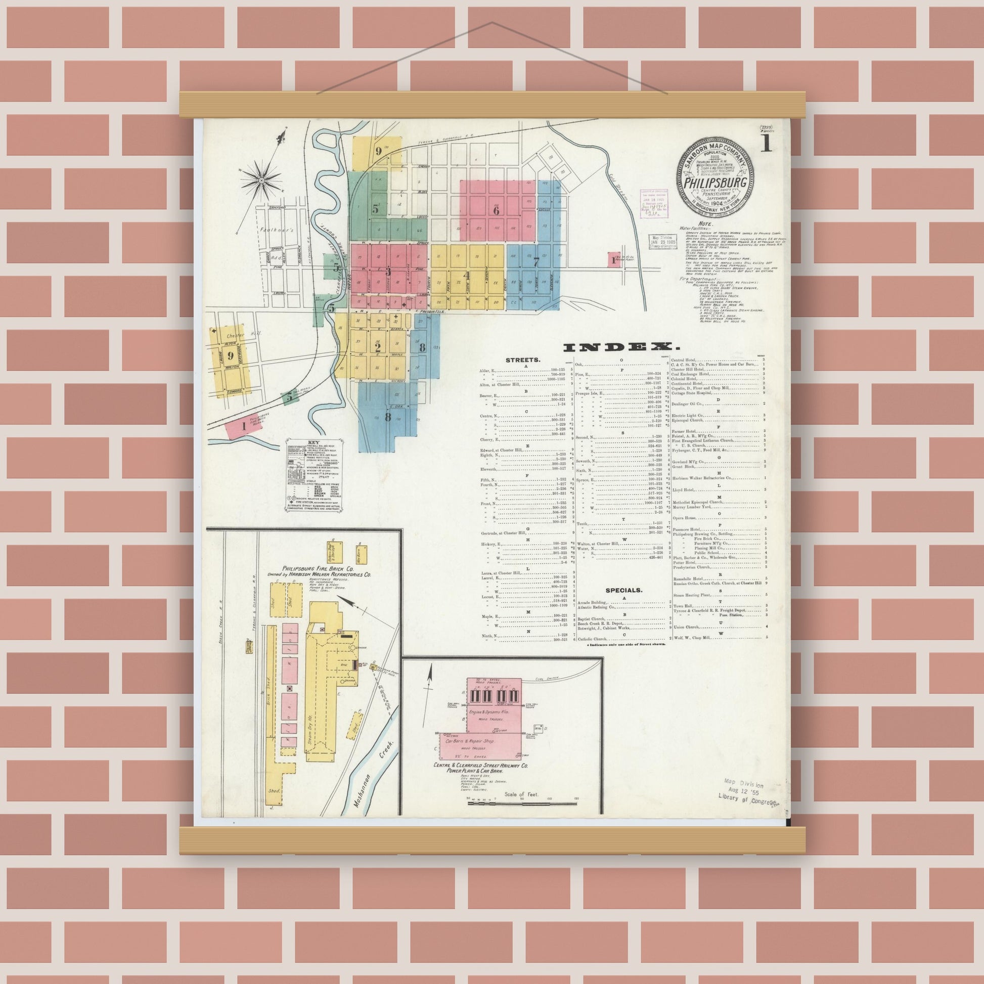 Old map wall art mockup — magnetic wood frame on brick wall — Sanborn Fire Insurance Map from Philipsburg, Centre County, Pennsylvania (1904), Sheet #0001