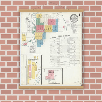 Old map wall art mockup — magnetic wood frame on brick wall — Sanborn Fire Insurance Map from Philipsburg, Centre County, Pennsylvania (1904), Sheet #0001