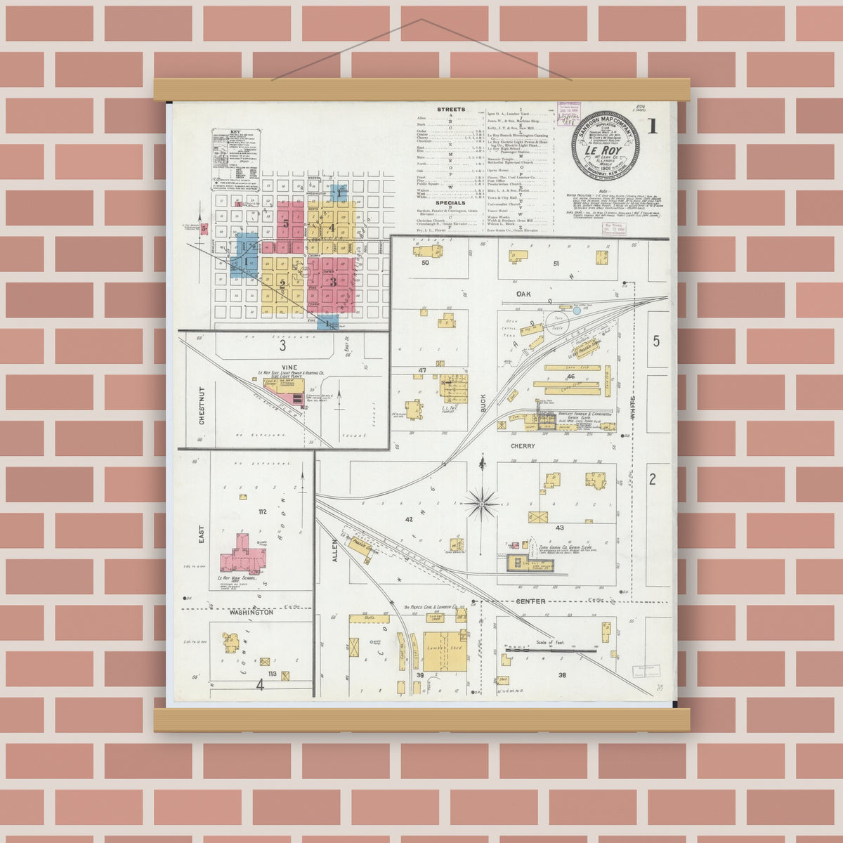 Old map wall art mockup — magnetic wood frame on brick wall — Sanborn Fire Insurance Map from Leroy, McLean County, Illinois (1906) - Complete Map Set