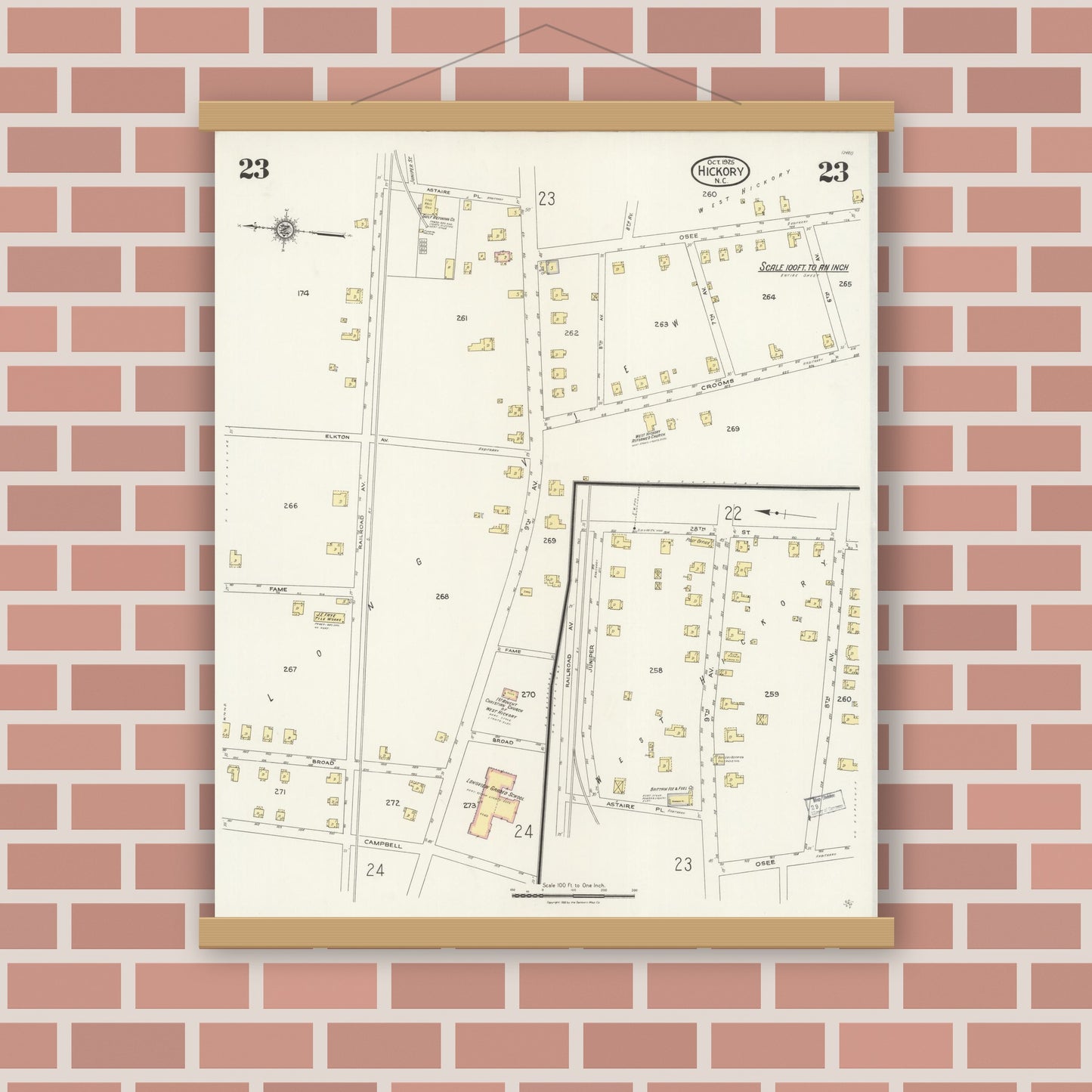 Old map wall art mockup — magnetic wood frame on brick wall — Sanborn Fire Insurance Map from Hickory, Catawba County, North Carolina (1925), Sheet #0023
