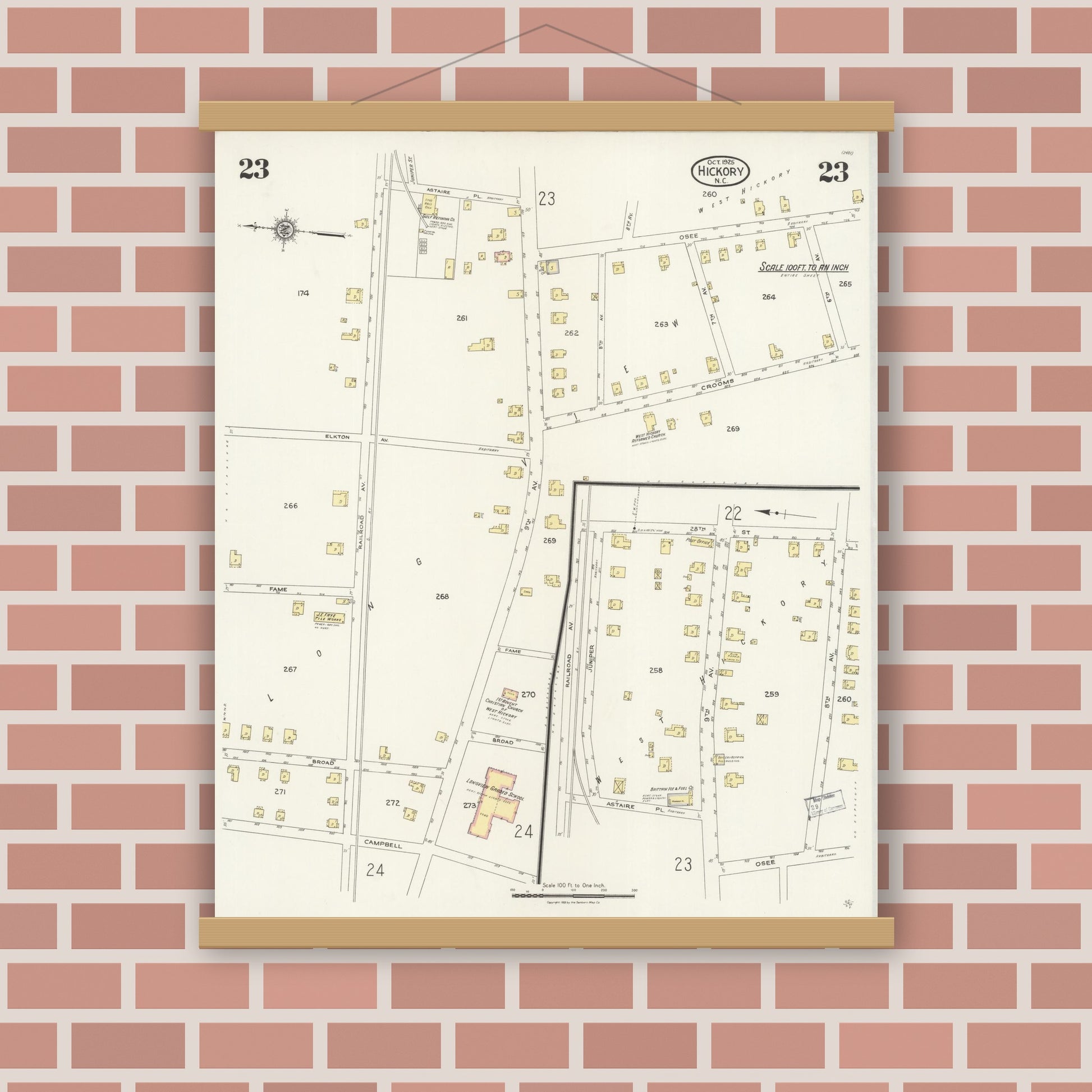 Old map wall art mockup — magnetic wood frame on brick wall — Sanborn Fire Insurance Map from Hickory, Catawba County, North Carolina (1925), Sheet #0023