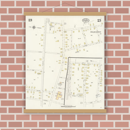 Old map wall art mockup — magnetic wood frame on brick wall — Sanborn Fire Insurance Map from Hickory, Catawba County, North Carolina (1925), Sheet #0023