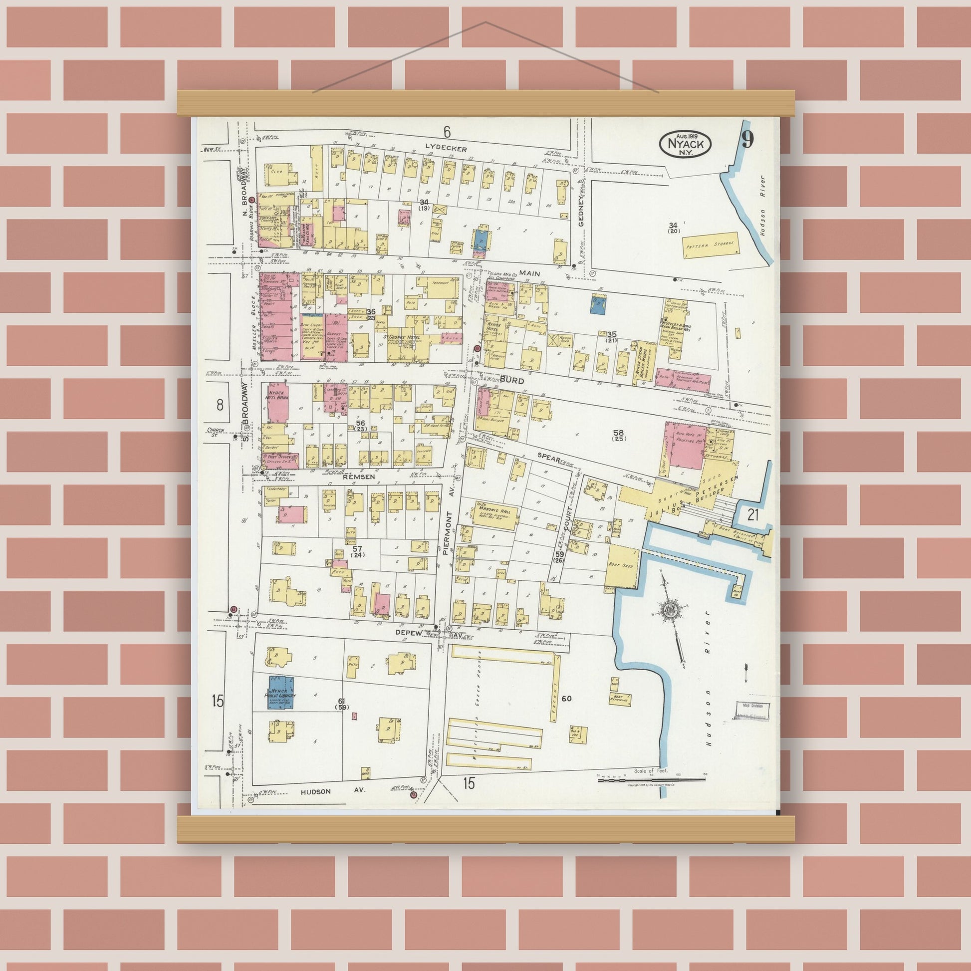 Old map wall art mockup — magnetic wood frame on brick wall — Sanborn Fire Insurance Map from Nyack, Rockland County, New York. (1919), Sheet #0009