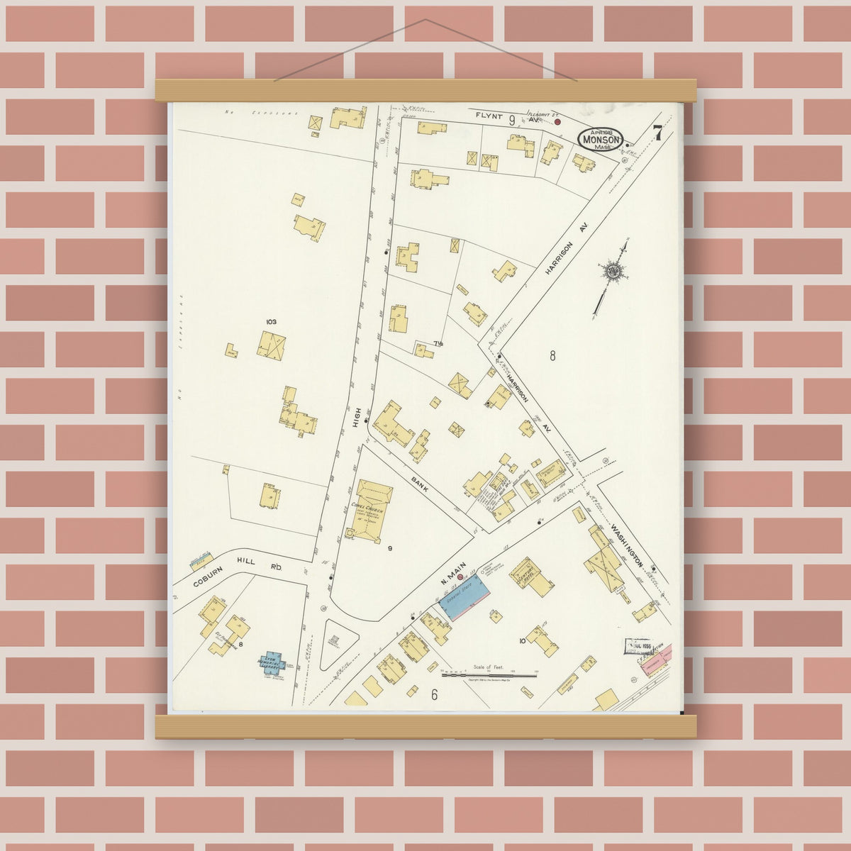 Old map wall art mockup — magnetic wood frame on brick wall — Sanborn Fire Insurance Map from Monson, Hampden County, Massachusetts (1918), Sheet #0007