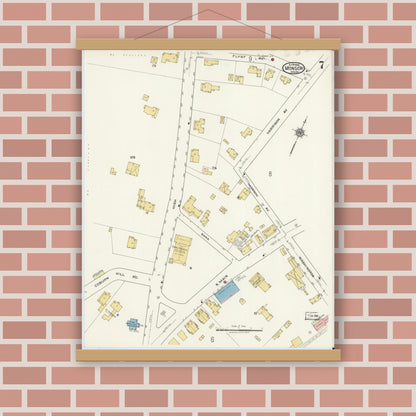 Old map wall art mockup — magnetic wood frame on brick wall — Sanborn Fire Insurance Map from Monson, Hampden County, Massachusetts (1918), Sheet #0007