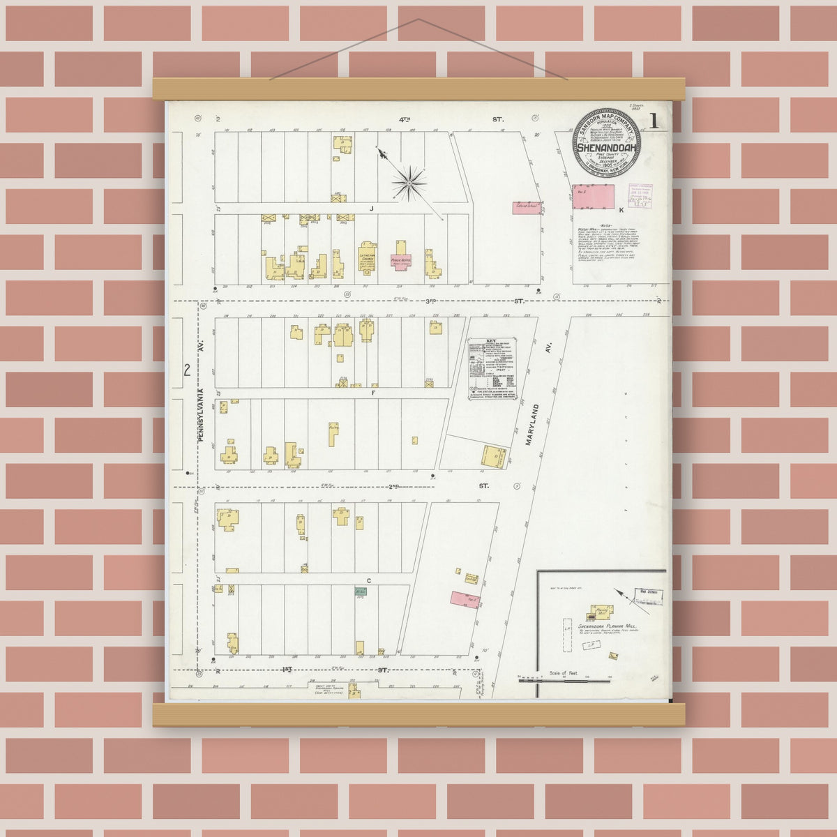 Old map wall art mockup — magnetic wood frame on brick wall — Sanborn Fire Insurance Map from Shenandoah, Page County, Virginia (1905) - Complete Map Set