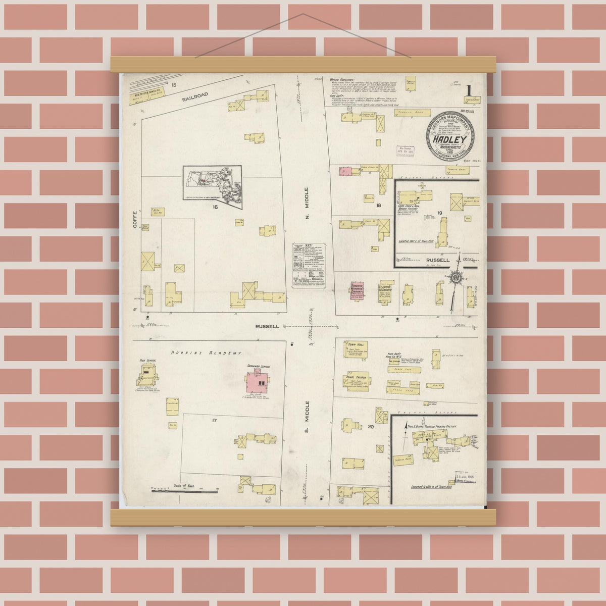 Old map wall art mockup — magnetic wood frame on brick wall — Sanborn Fire Insurance Map from Hadley, Hampshire County, Massachusetts (1915) - Complete Map Set